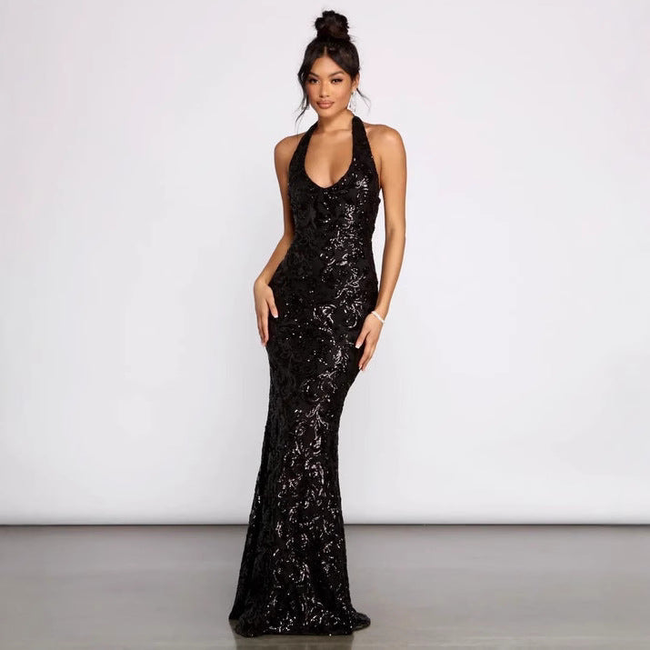 Women Clothing Sexy Hanging Collar Sequ Dress All Matching Formal Dress