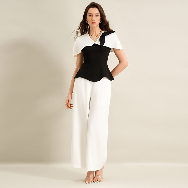 Shirt Long Twet Summer Elegant Office Black White Color Matching Women Clothing