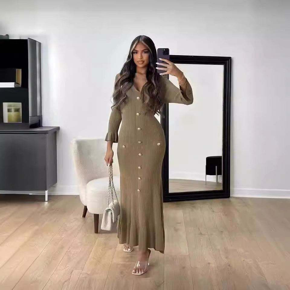 Fall Winter Long Slim Fit Slimming Knitted Long Sleeved Dress