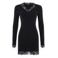 Sexy Lace Stitching V neck Long Sleeve Dress Women Elegant Slim Bottoming Solid Color Dress