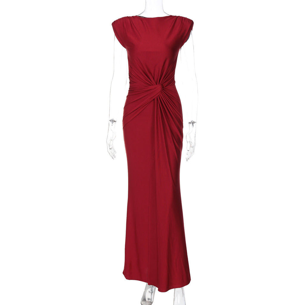 Women Clothing Winter Slim Pleated Solid Color Sleeveless Dress Women
