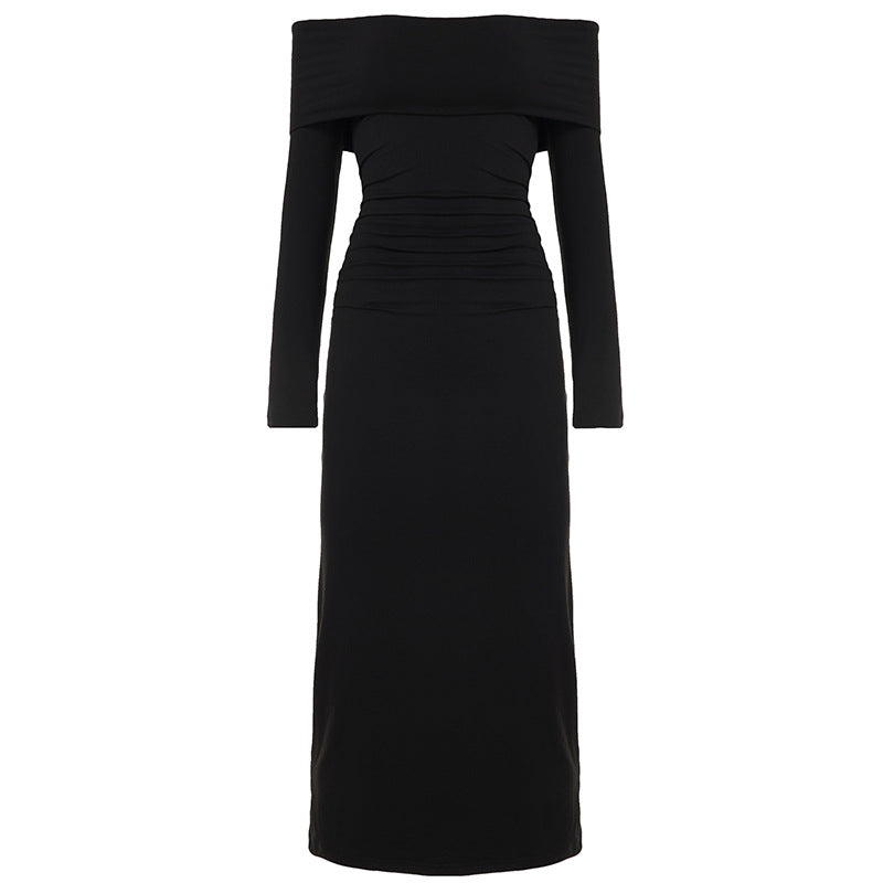Elegant Graceful Women Dress Solid Color off Shoulder Pleated Slim Fit Figure Flattering Maxi Dress