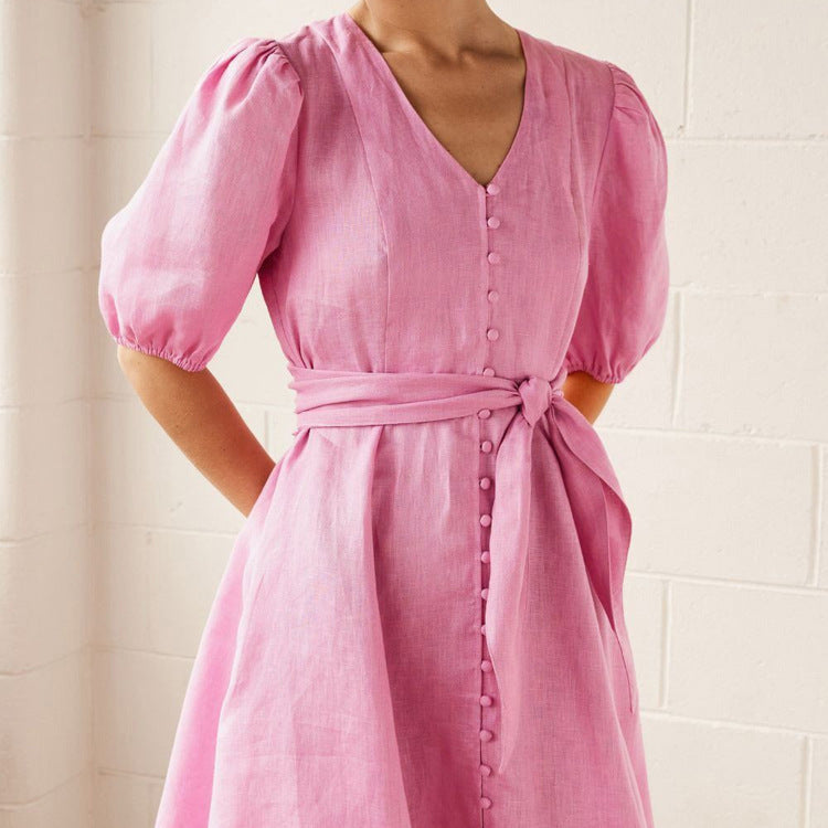 French Dress Women V neck Puff Sleeve Single Breasted Lace up High Waist A line
