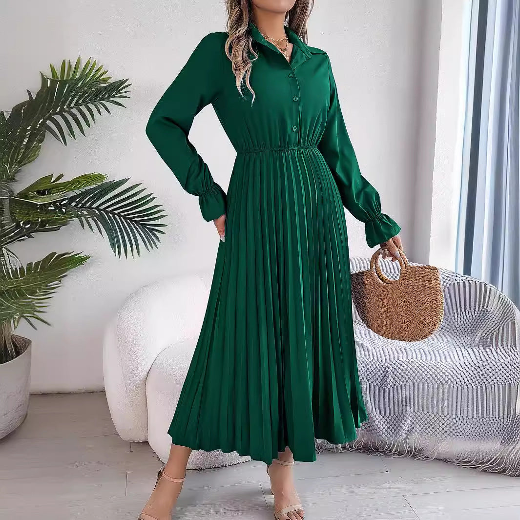 Autumn Winter Casual Collared Button Long Sleeve Cinched Pleated Maxi Dress Women Clothing