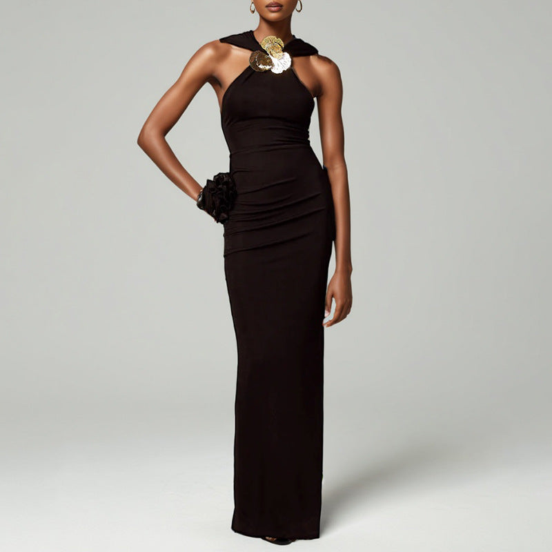 Socialite Halter Formal Dress Niche Metal Buckle Decoration Slim Slimming Maxi Dress Women