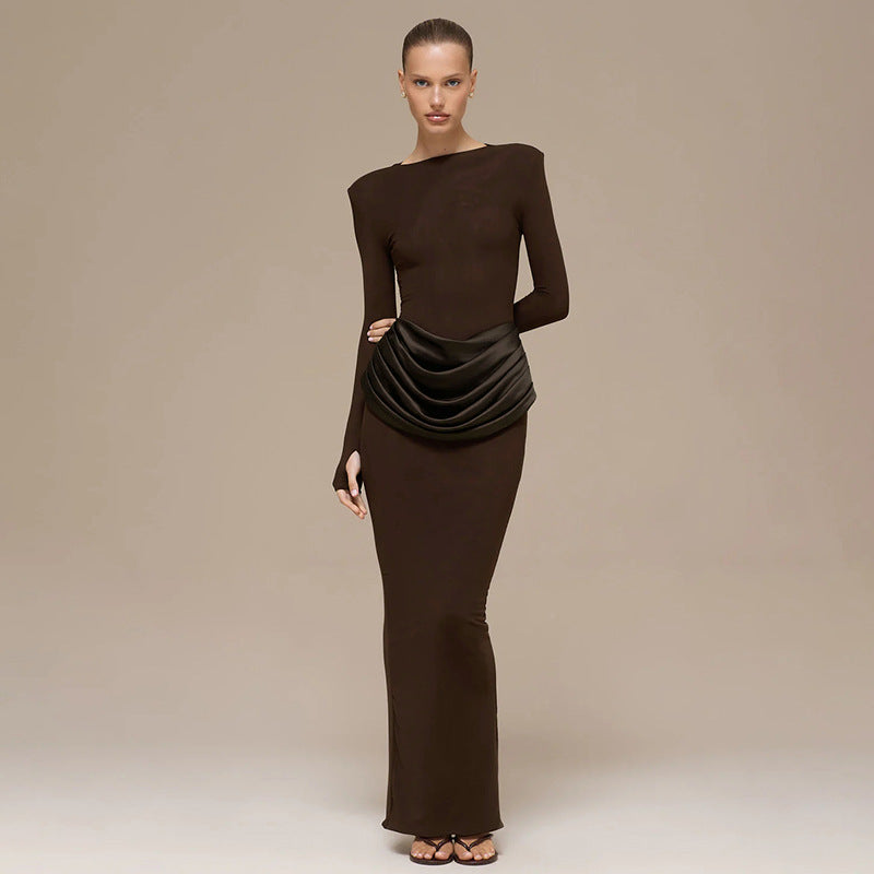 Women Clothing Autumn Winter Elegant Lady Slim Fit Long Sleeve Pleated Sheath Maxi Dress