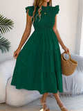 Women Clothing Spring Summer Solid Color Stringy Selvedge Flying Sleeves Smocking Waist-Slimming Maxi Dress