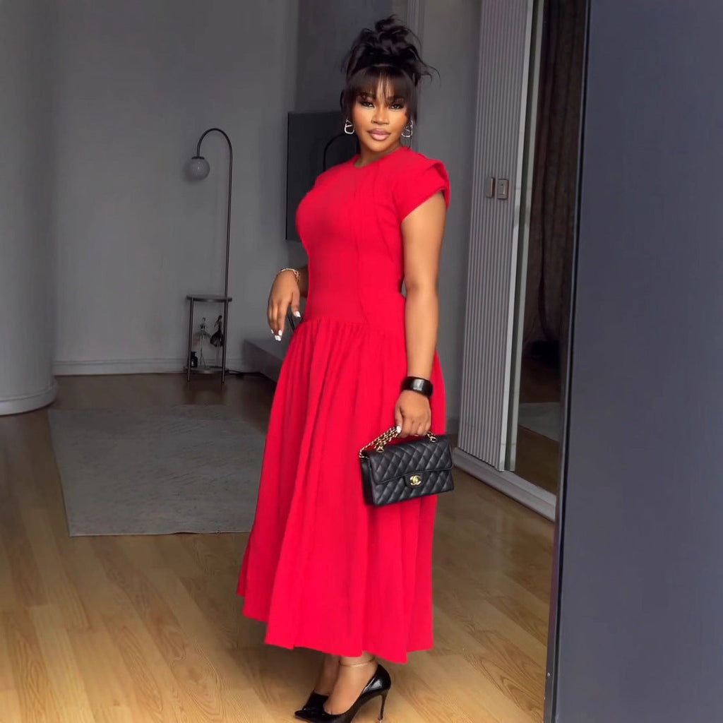 Elegant Elastic Waist Tightening Pleated Flounced Sleeve Lace Dress