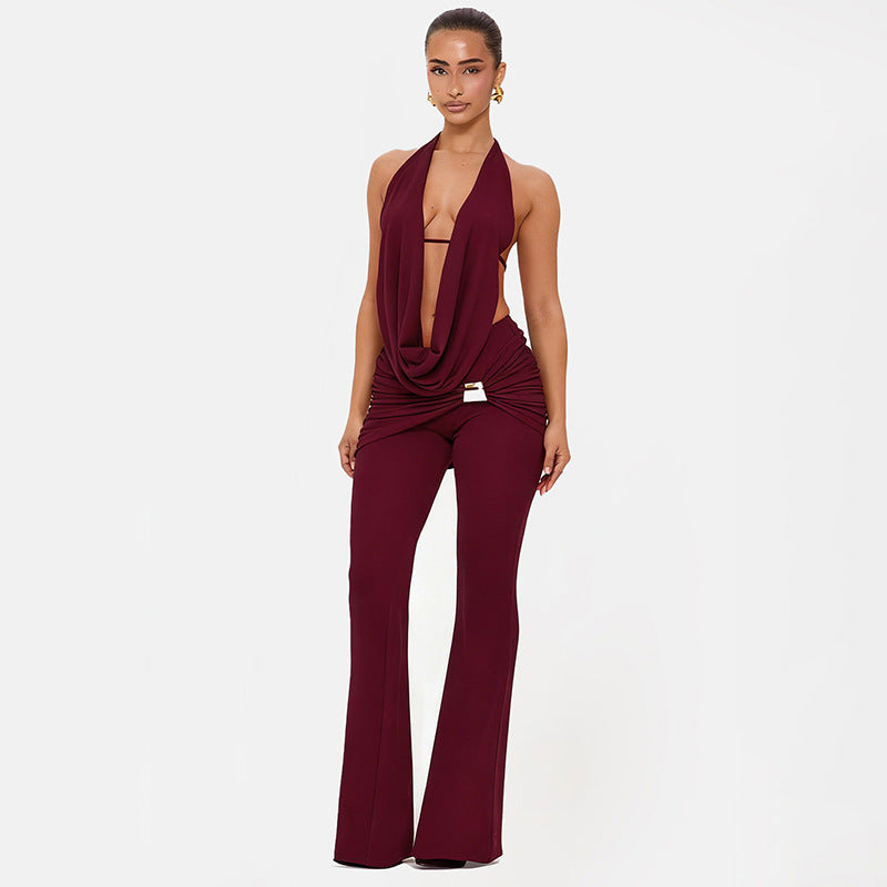 Women Clothing Winter Hanging Collar Backless Top Metal Buckle Bootcut Pants Two Piece Set