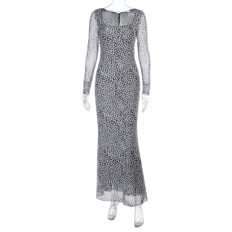 Sexy Square Neck Polka Dot Dress Autumn Winter Elegant Slim Fit Long Sleeve Dress