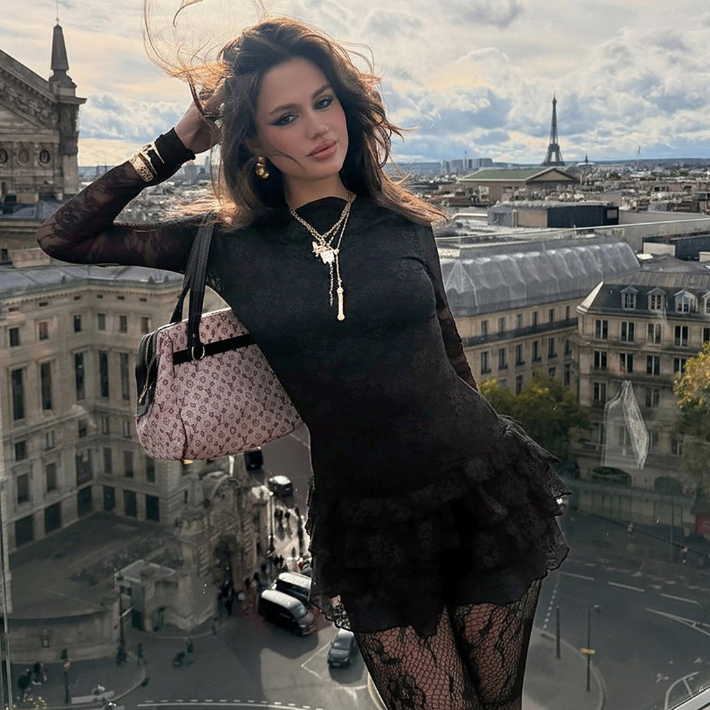 Women Dark Sexy Tight Long Sleeve See through Lace Tiered Dress round Neck Waist Trimming A line Dress