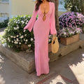 Spring Summer Vacation Women Deep V Plunge neck Long Sleeve Solid Color Woolen Buckle Dress for Women