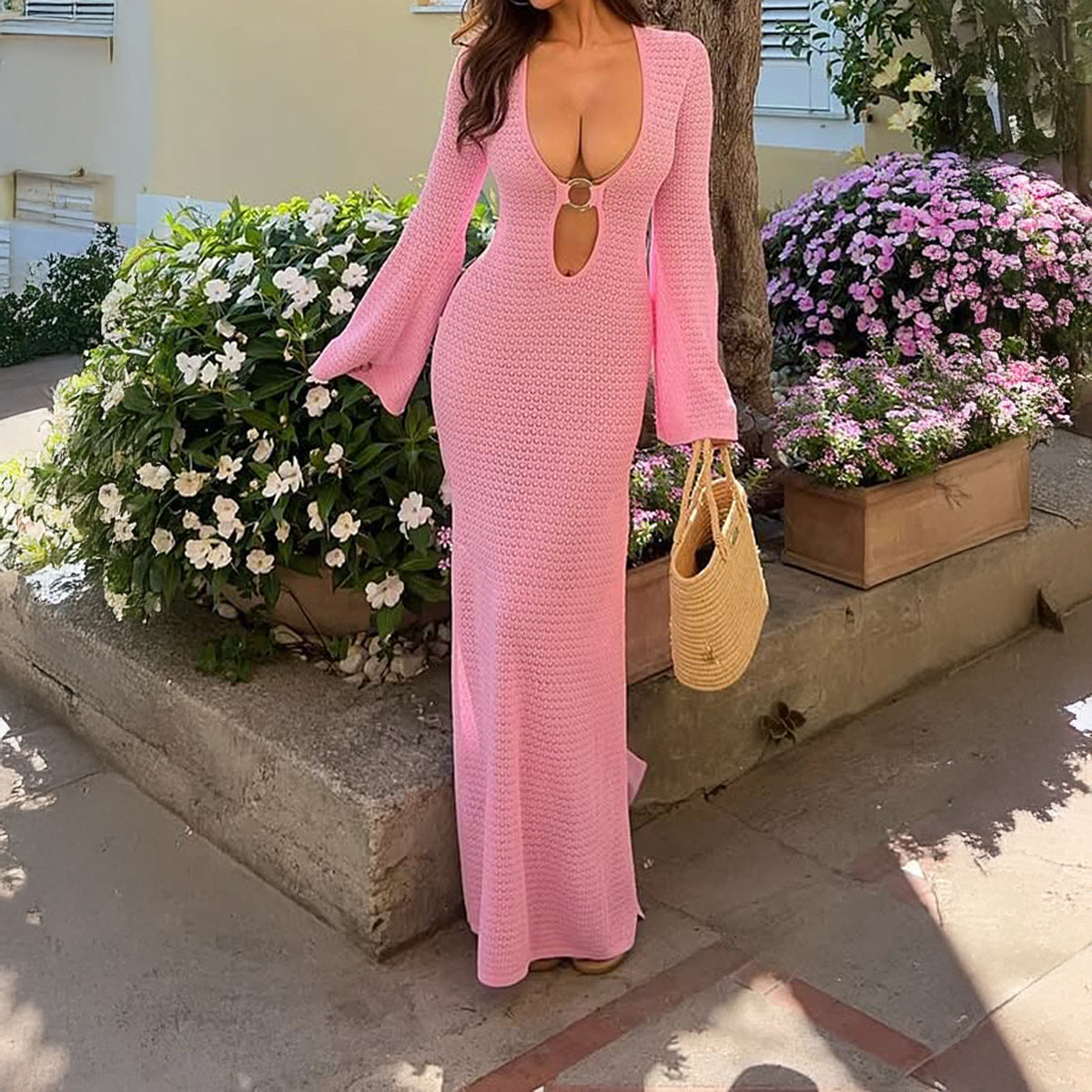 Spring Summer Vacation Women Deep V Plunge neck Long Sleeve Solid Color Woolen Buckle Dress for Women