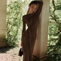 French Women Clothing Autumn Slim Pleated Waist Tight Irregular Asymmetric Long Sleeve Dress