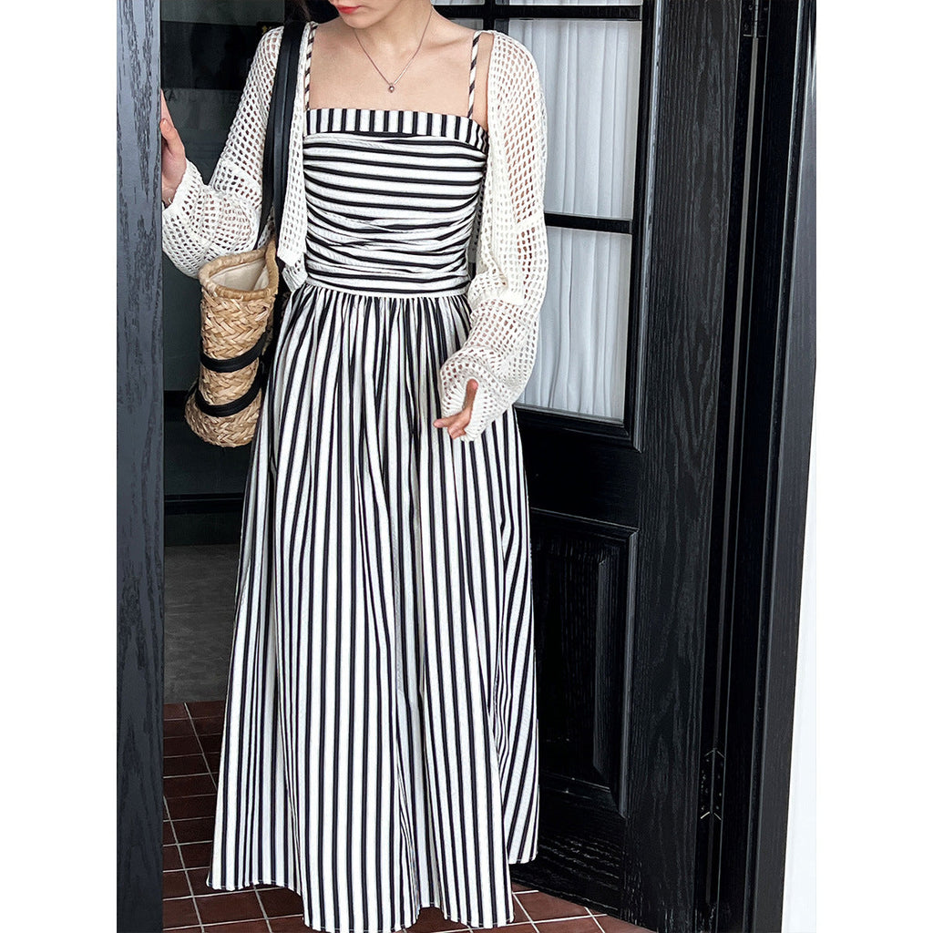 French Striped Bandeau Sling Dress Women High Grade off the Shoulder Pleated Waist Tight A line Long Summer