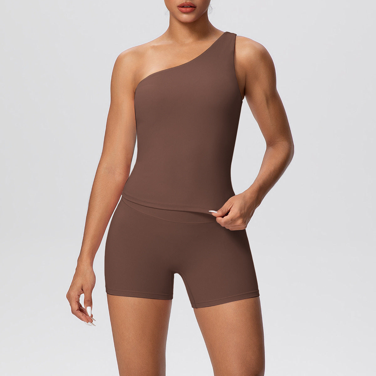 Women Solid Color Oblique Shoulder Strap Beauty Back Exercise Vest Yoga Pants Running Slim Shorts Fitness Yoga Wear Set