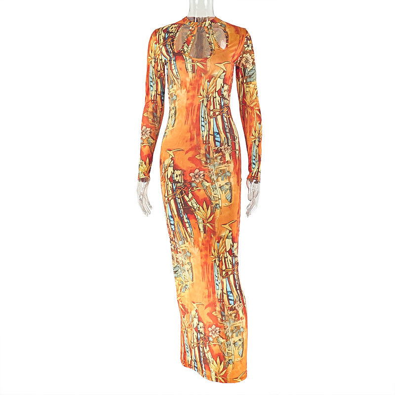 Printing Women Hollow Out Cutout Slim Hip Skirt round Neck Long Sleeve Retro Elegant Dress