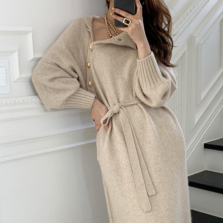 Japanese Korean Lace up Waist Trimming Knitted Dress Autumn Winter Loose Slimming All Matching Turtleneck Long Sweater for Women