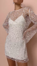 Women Clothes Size Bubble Beads See Through Mesh Two Piece Set Sling Dress
