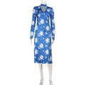 Floral Print Elegant V neck Summer Slim Fit Lightweight Thin Long Sleeve Dress Klein Blue Dress