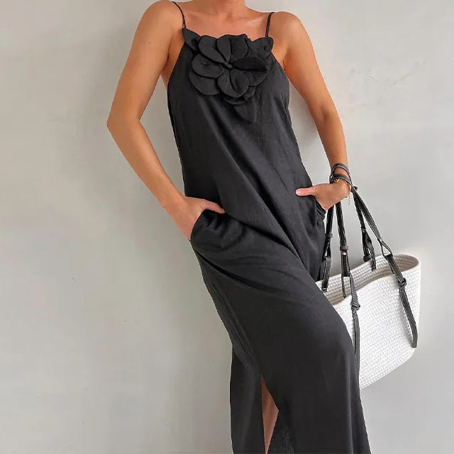Spring Summer Strap Three Dimensional Floral Strap Cotton Linen Sleeveless Dress for Women
