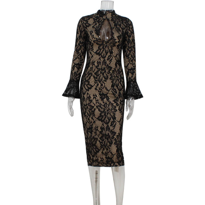 Sexy Women Wear Long Sleeve Lace Hollow Out Cutout out Slim Fit Elegant Sexy Hip Dress