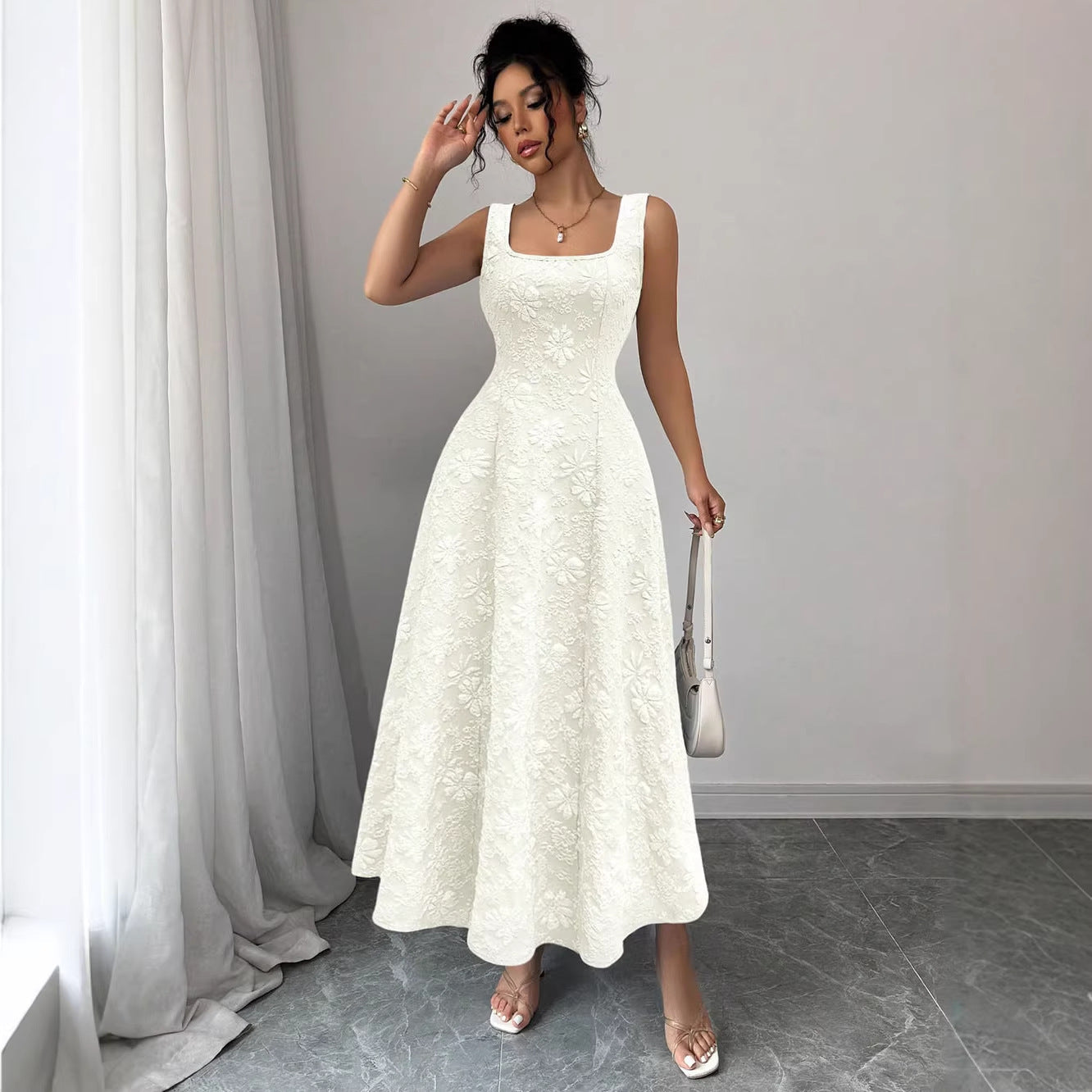 Popular Summer Vest Pullover Square Collar Jacquard Floral Swing Elegant Dress