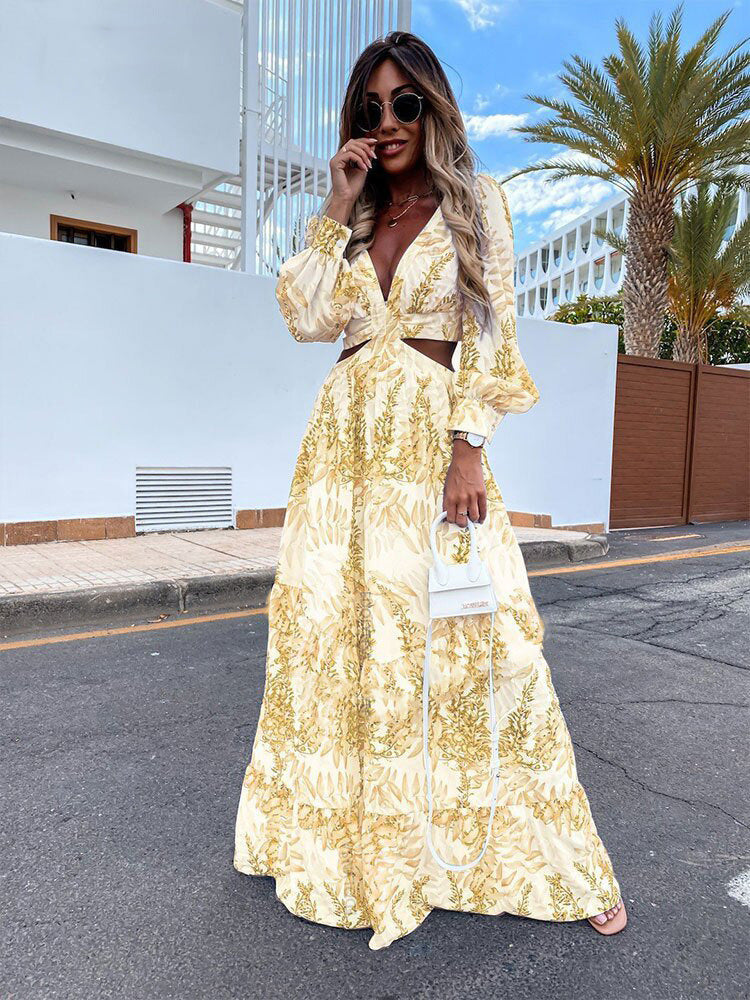 Women Wear Spring Long Printed V neck Long Sleeve Elegant Dress