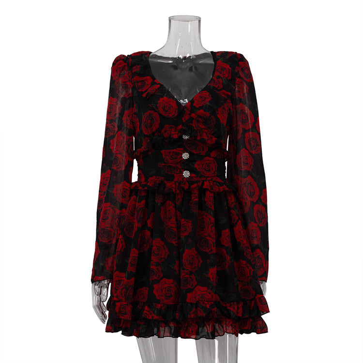 Women Wear Digital Printed V neck Long Sleeve Elegant Dress Autumn Floral A line Dress