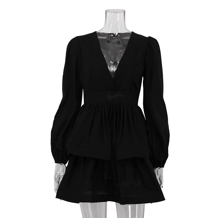 Women Clothing Spring Autumn Puff Sleeve A line Dress V neck Waist-Controlled Black Pettiskirt