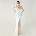 One Shoulder Craft Beading Wave Floral Satin High Slit Sexy Evening Dress Dinner Party Wedding Social