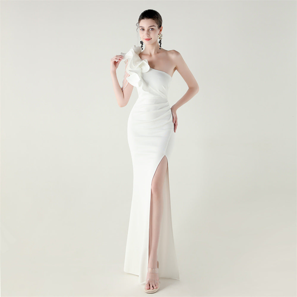 One Shoulder Craft Beading Wave Floral Satin High Slit Sexy Evening Dress Dinner Party Wedding Social