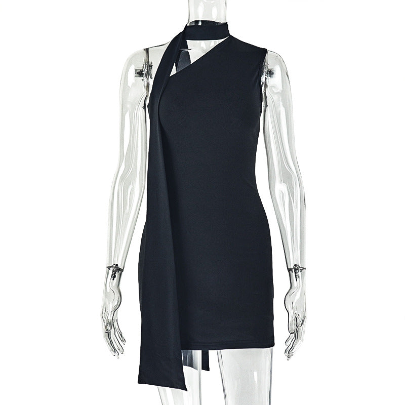 Street Women Clothing Solid Color Lace up Tight Waist Hip Dress Diagonal Collar Sleeveless Slimming Short Dress
