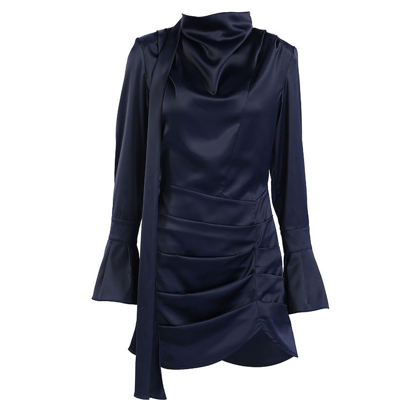 Autumn Winter Irregular Asymmetric Navy Blue Long-Sleeved Dress Women Slim Slimming Sheath