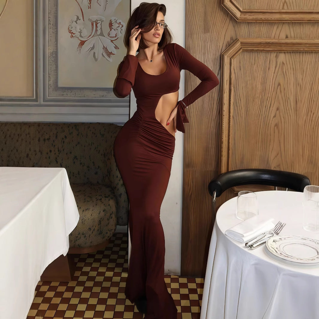 Women Clothing Fashionable Elegant Sexy Hollow Out Cutout Slim Fit U Neck Long Sleeved Dress