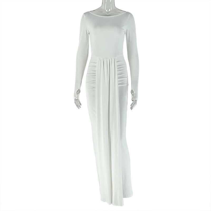 Solid Color Women Casual Daily Home Hip Dress round Neck Long Sleeve Waist Tight Dress