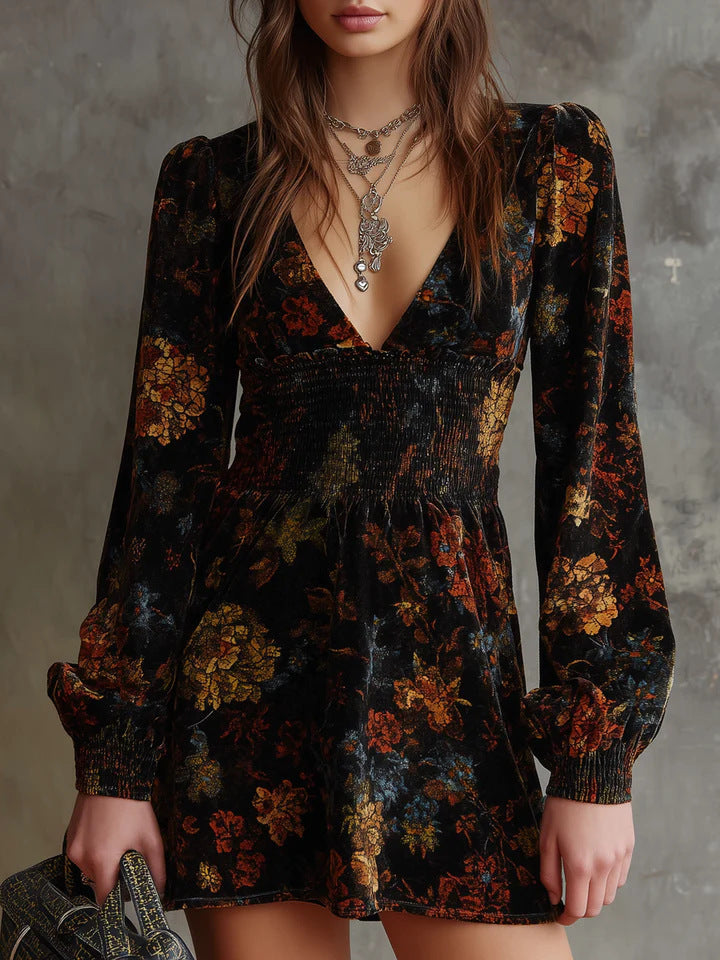Elegant Floral Print V neck Velvet Dress Sexy Waist Trimming Long Sleeve Short Dress