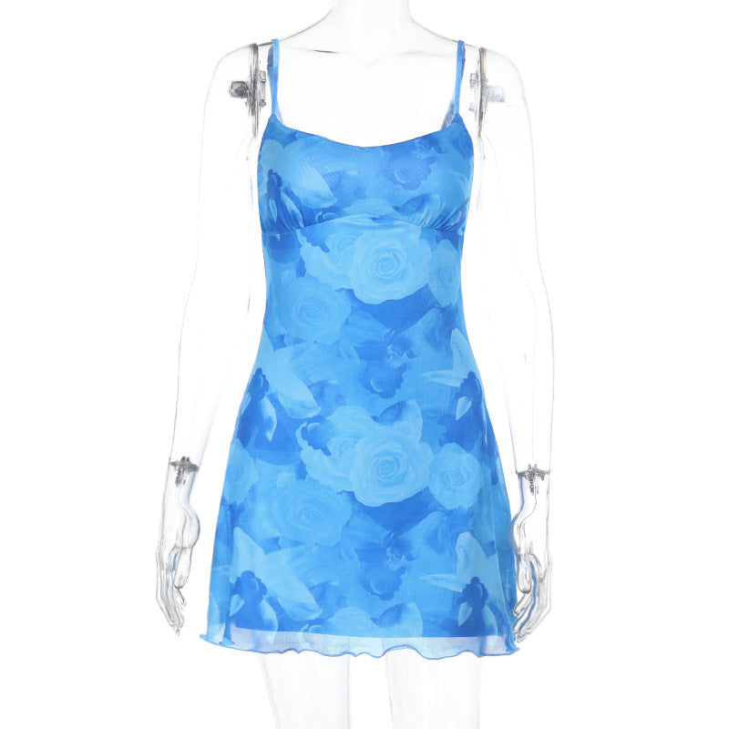 Summer Waist Controlled Hip Dress Mesh Printing Slip Dress