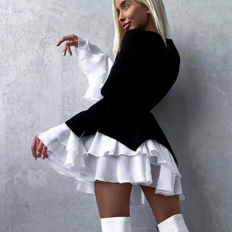 Women Clothing Black White Color Contrast Short Dress V neck Flared Sleeves Elegant A line Dress