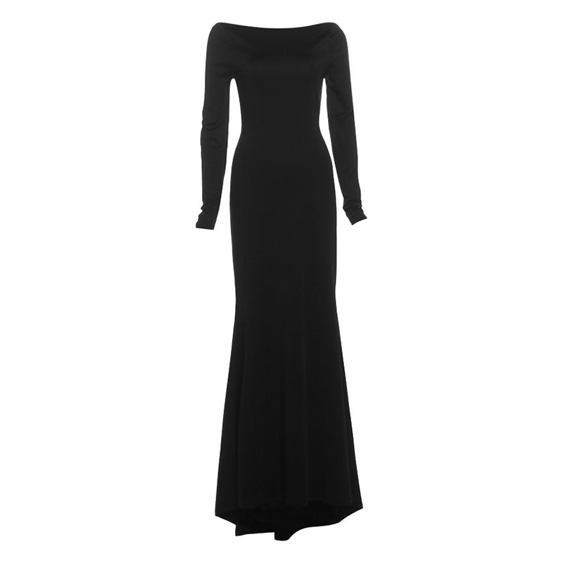 Autumn Winter Women Sexy Backless Chain Decoration Slim Fit Long Sleeved Dress