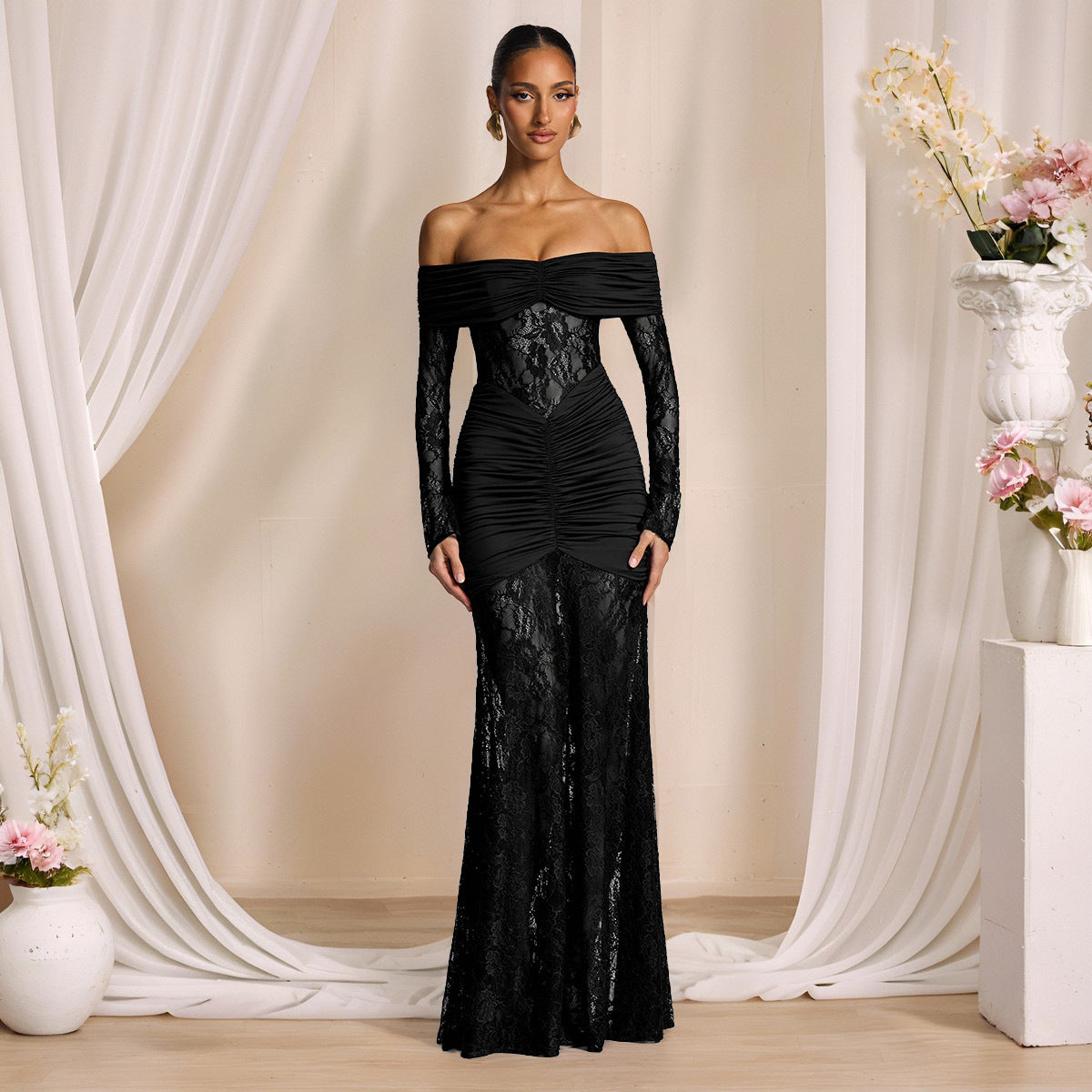 Autumn Elegant Lace Stitching off Shoulder Long Sleeve Narrow Dress Maxi Dress Women Evening Dress
