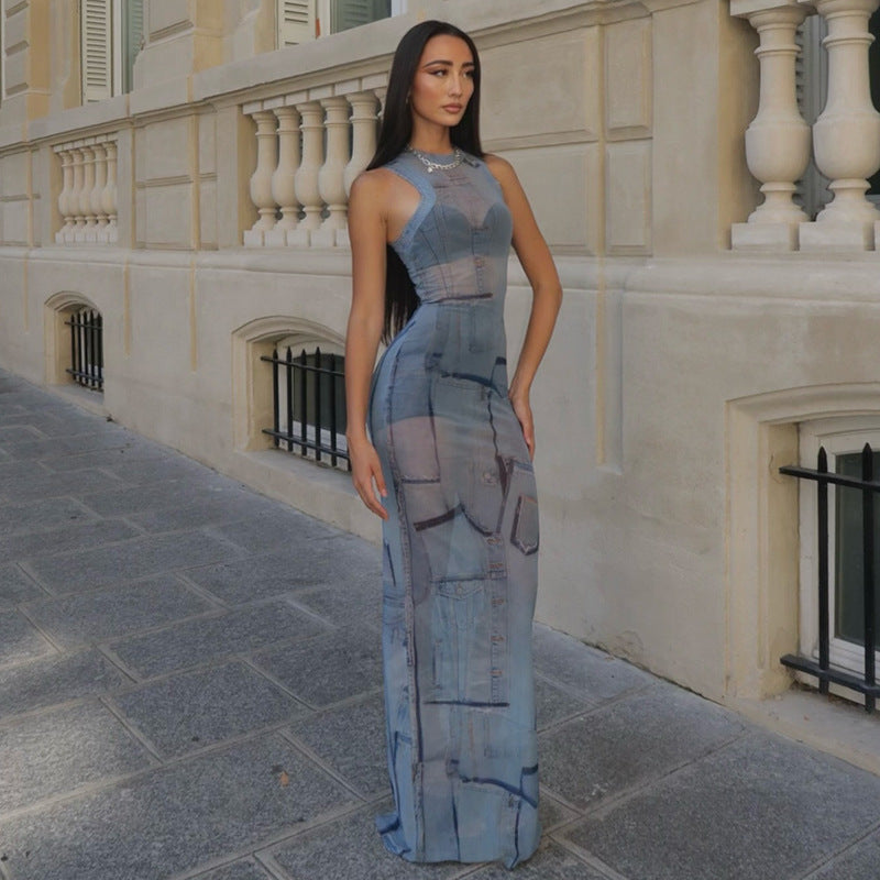 Women Clothing Micro Transparent Sexy Waist Tight Hip round Neck Maxi Dress