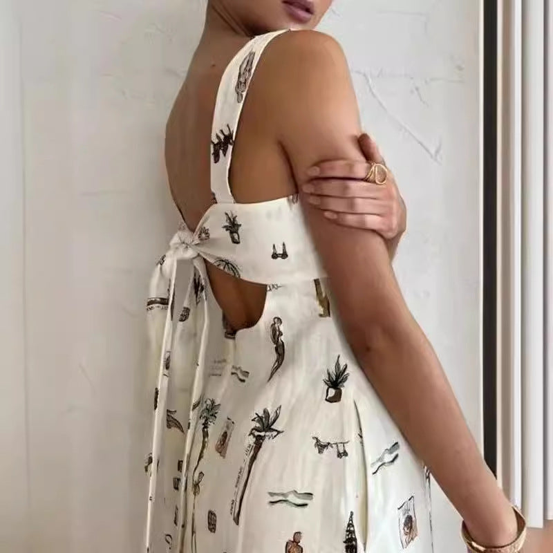 Bow Bandage Summer Maxi Dress Women Cothing Printed Sleeveless Office Long Suspender Amplified craft