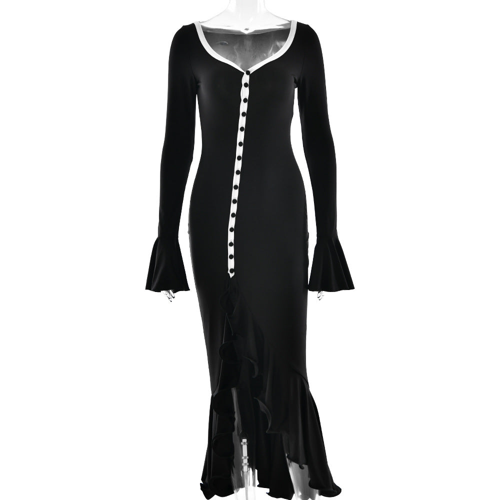 Sexy Sexy Solid Color Waist Tight Bell Sleeve Dress Single Breasted Side Slit Dress