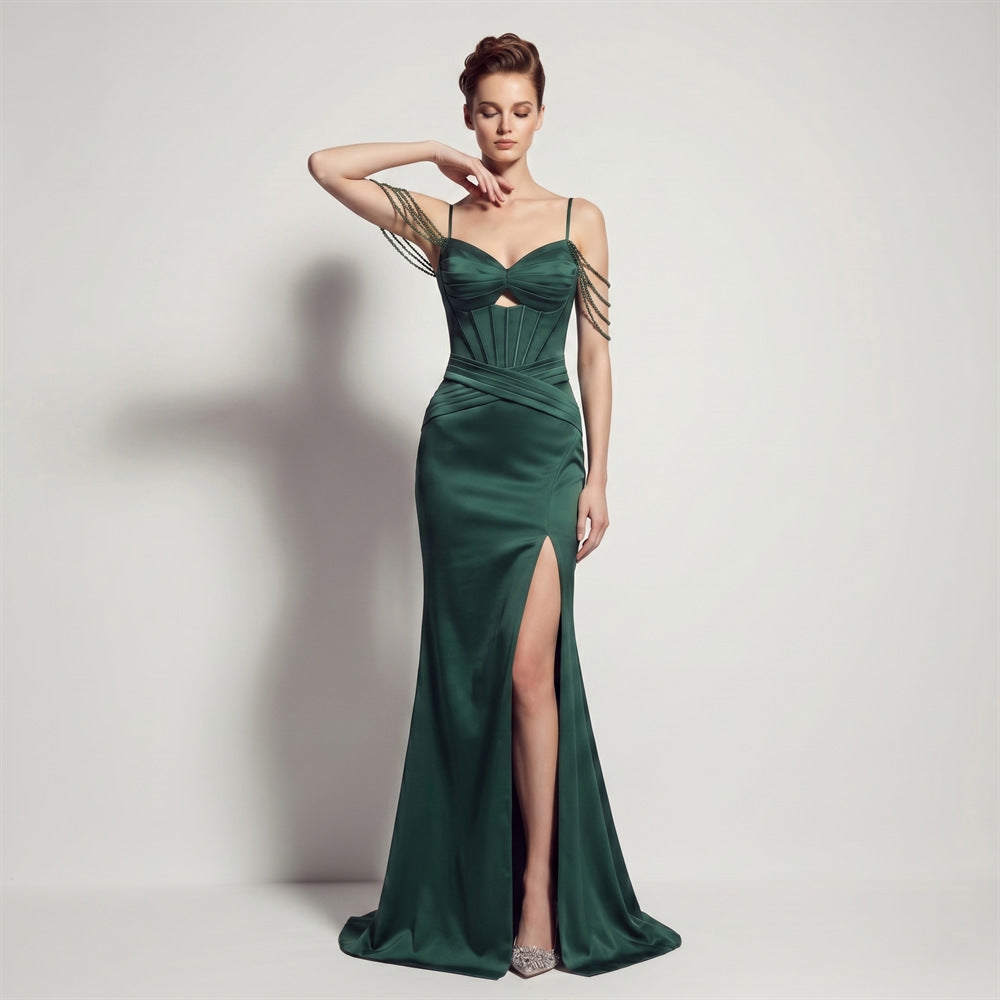 Sexy Satin High Slit Slim Fit Lace up Fishtail Long Annual Party Party Evening Dress