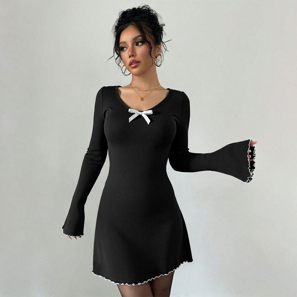 Elegant Hepburn Knitted Black White Contrast Color Bell Sleeve Slim Fit A line Long Sleeve Dress