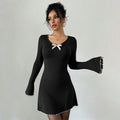 Elegant Hepburn Knitted Black White Contrast Color Bell Sleeve Slim Fit A line Long Sleeve Dress
