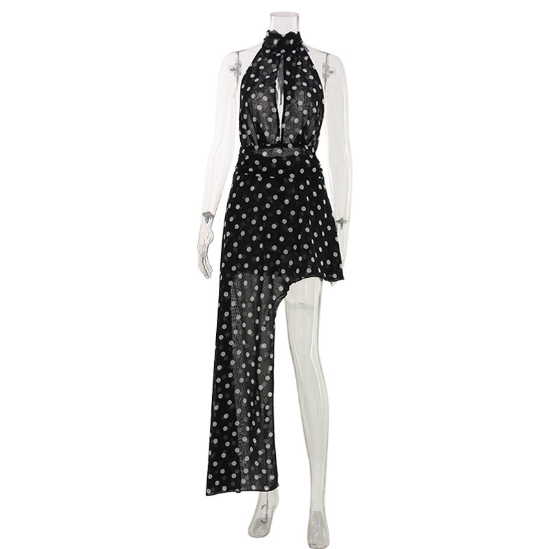 Summer Women Wear Sleeveless Halter Chest Hollow Out Cutout out All Match Polka Dot Irregular Asymmetric Mop Dress Waist Tight Dress