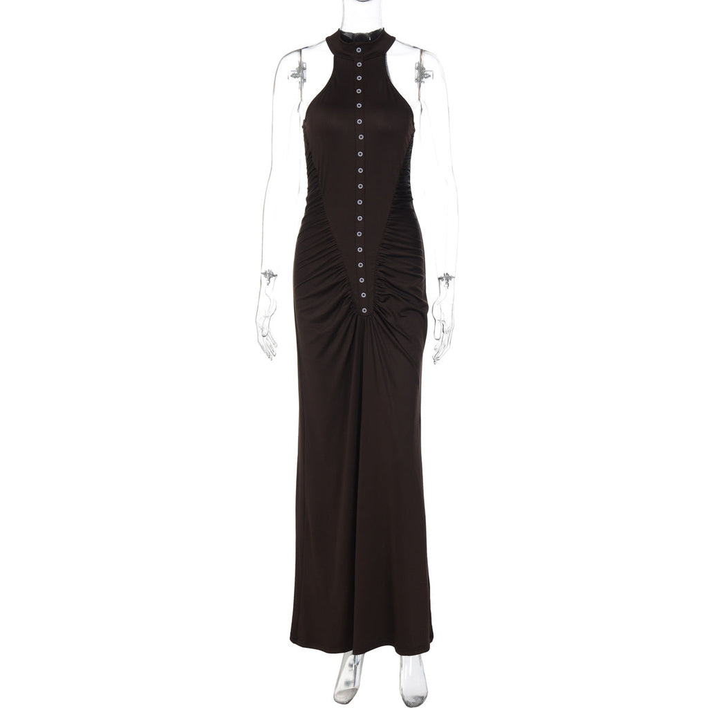 French Women Autumn Slim Fit Crumpled Button round Neck Sleeveless Dress for Women