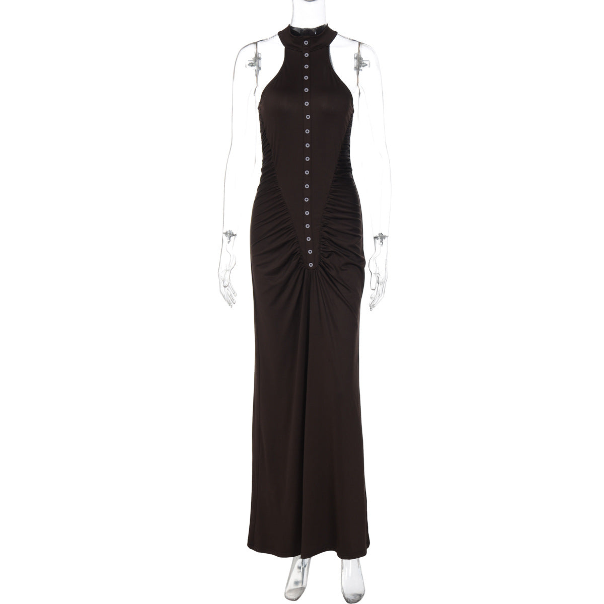 French Women Autumn Slim Fit Crumpled Button round Neck Sleeveless Dress for Women